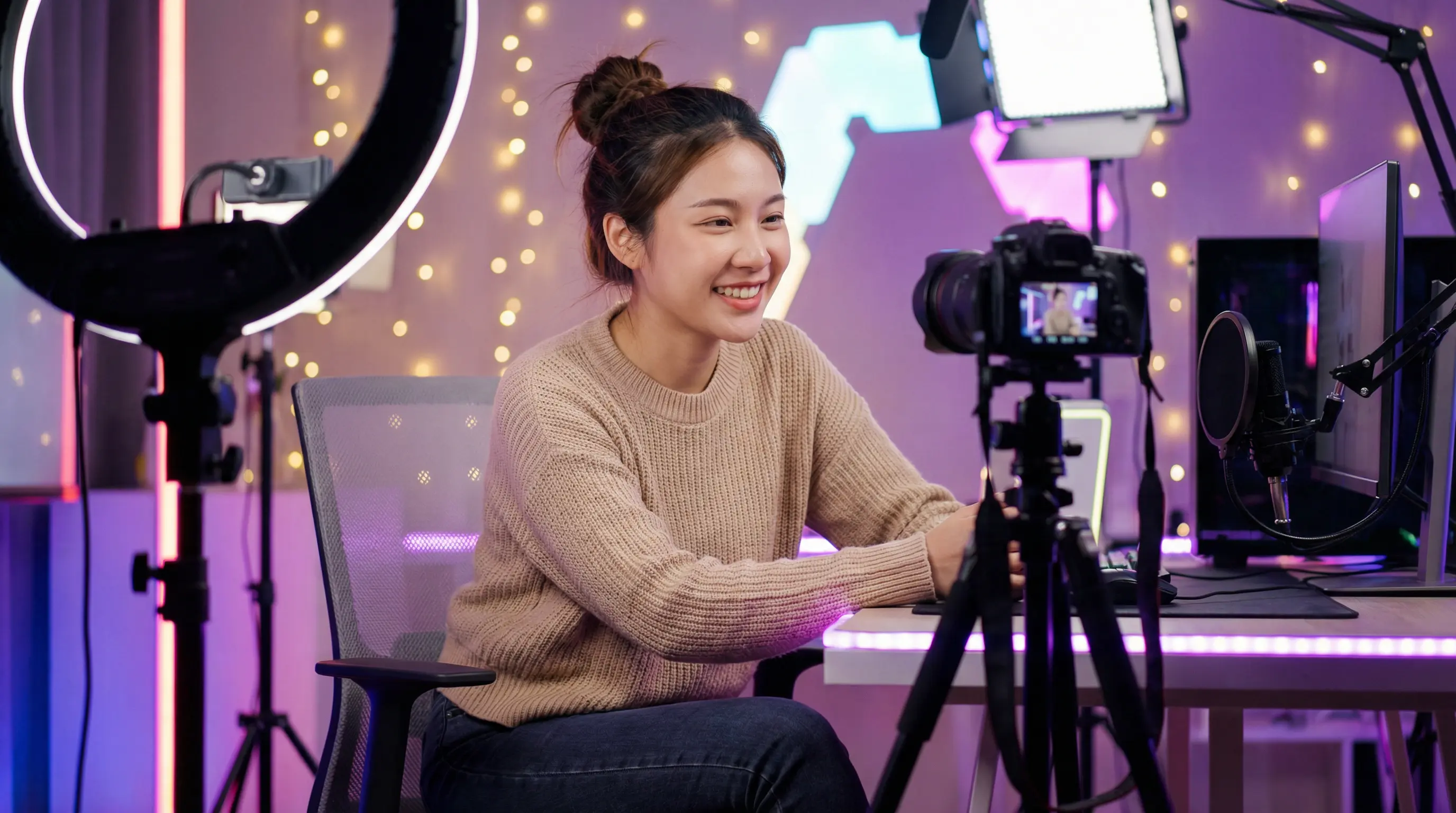 呦呦视频原创视频创作者在专业工作室录制视频